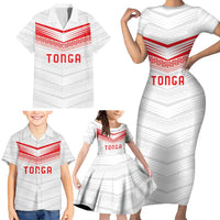 Custom Pacific Rugby Spirit Family Matching Short Sleeve Bodycon Dress and Hawaiian Shirt Tonga Ngatu Pride White Edition LT9 - Polynesian Pride