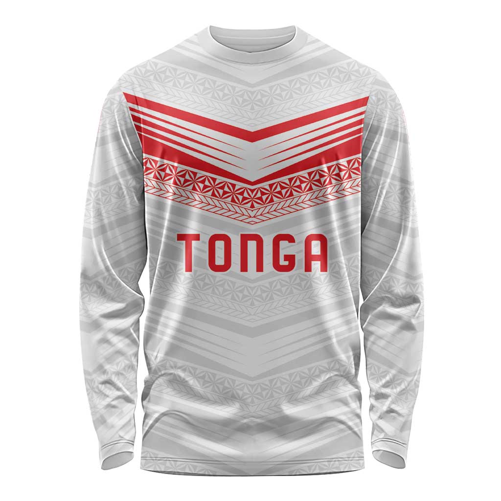 Custom Pacific Rugby Spirit Long Sleeve Shirt Tonga Ngatu Pride White Edition - Polynesian Pride