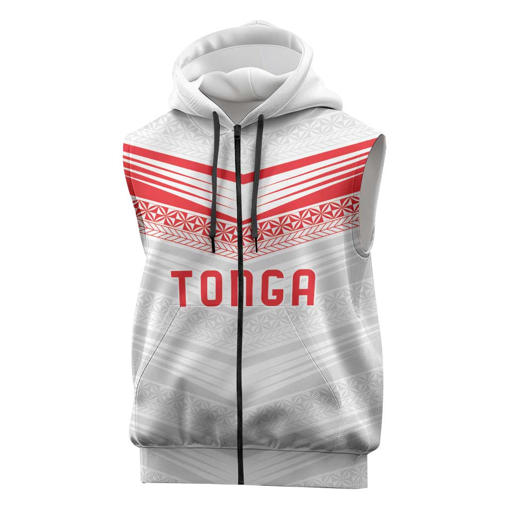Custom Pacific Rugby Spirit Sleeveless Zip Hoodie Tonga Ngatu Pride White Edition - Polynesian Pride