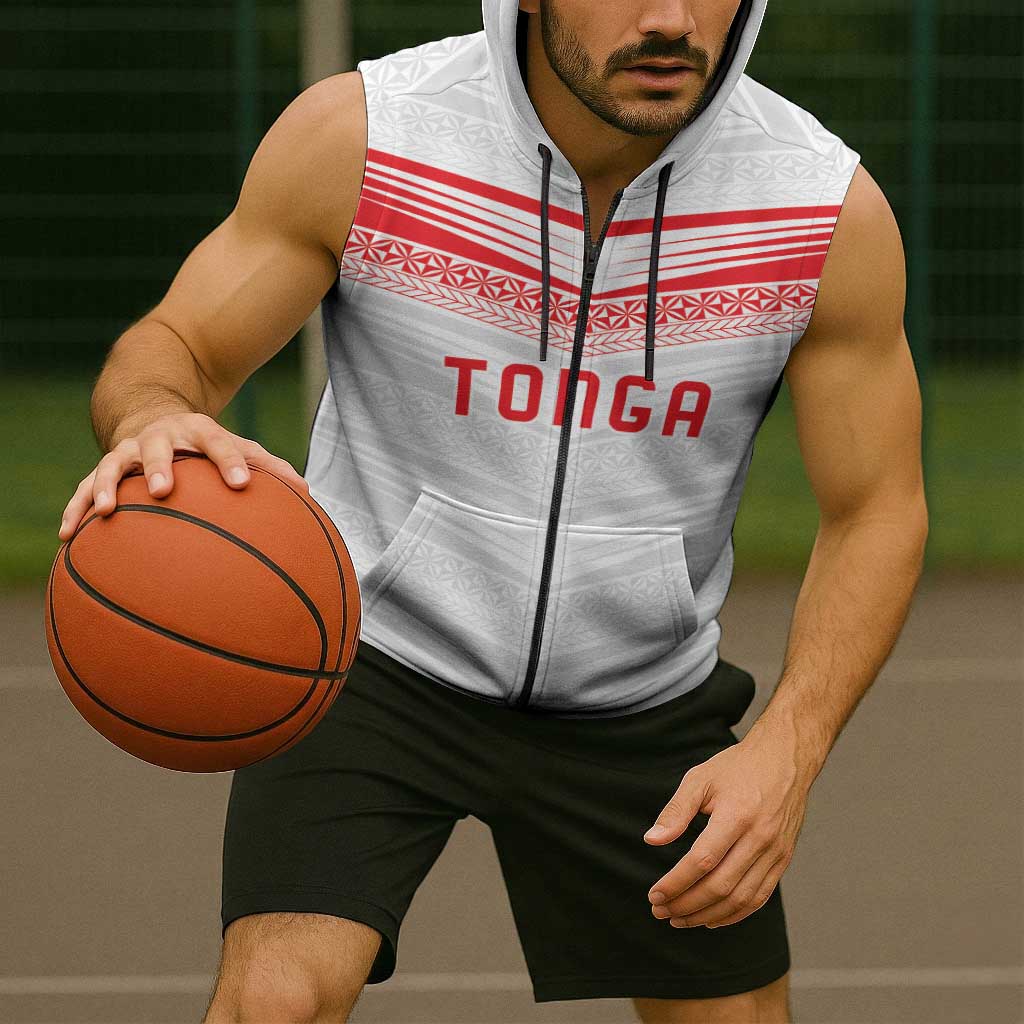 Custom Pacific Rugby Spirit Sleeveless Zip Hoodie Tonga Ngatu Pride White Edition - Polynesian Pride