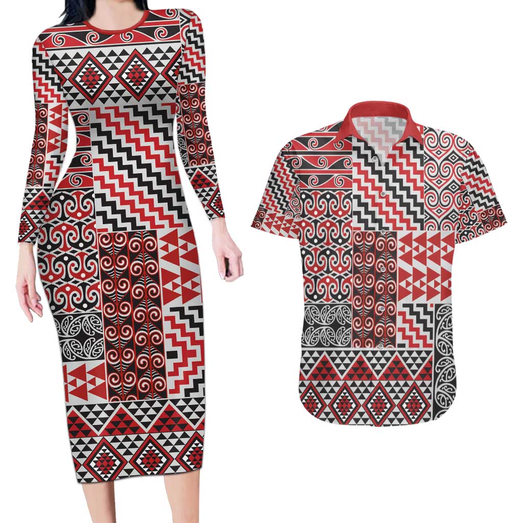 Aotearoa Kowhaiwhai Taniko Patchwork Motifs Couples Matching Long Sleeve Bodycon Dress and Hawaiian Shirt LT9 Red - Polynesian Pride