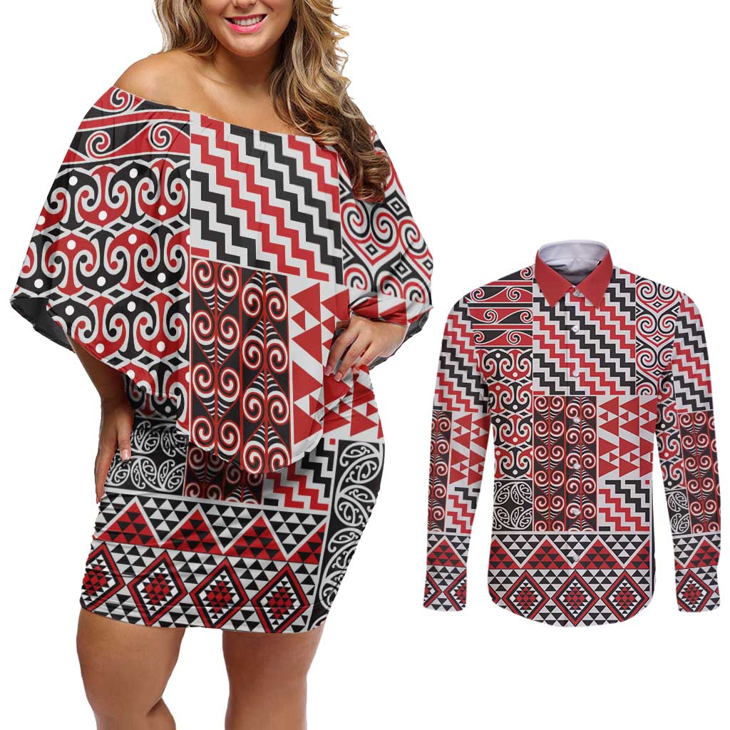 Aotearoa Kowhaiwhai Taniko Patchwork Motifs Couples Matching Off Shoulder Short Dress and Long Sleeve Button Shirt LT9 Red - Polynesian Pride