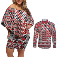 Aotearoa Kowhaiwhai Taniko Patchwork Motifs Couples Matching Off Shoulder Short Dress and Long Sleeve Button Shirt LT9 Red - Polynesian Pride