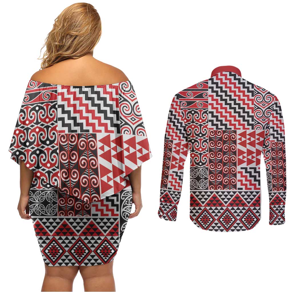 Aotearoa Kowhaiwhai Taniko Patchwork Motifs Couples Matching Off Shoulder Short Dress and Long Sleeve Button Shirt LT9 - Polynesian Pride