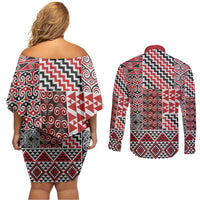 Aotearoa Kowhaiwhai Taniko Patchwork Motifs Couples Matching Off Shoulder Short Dress and Long Sleeve Button Shirt LT9 - Polynesian Pride