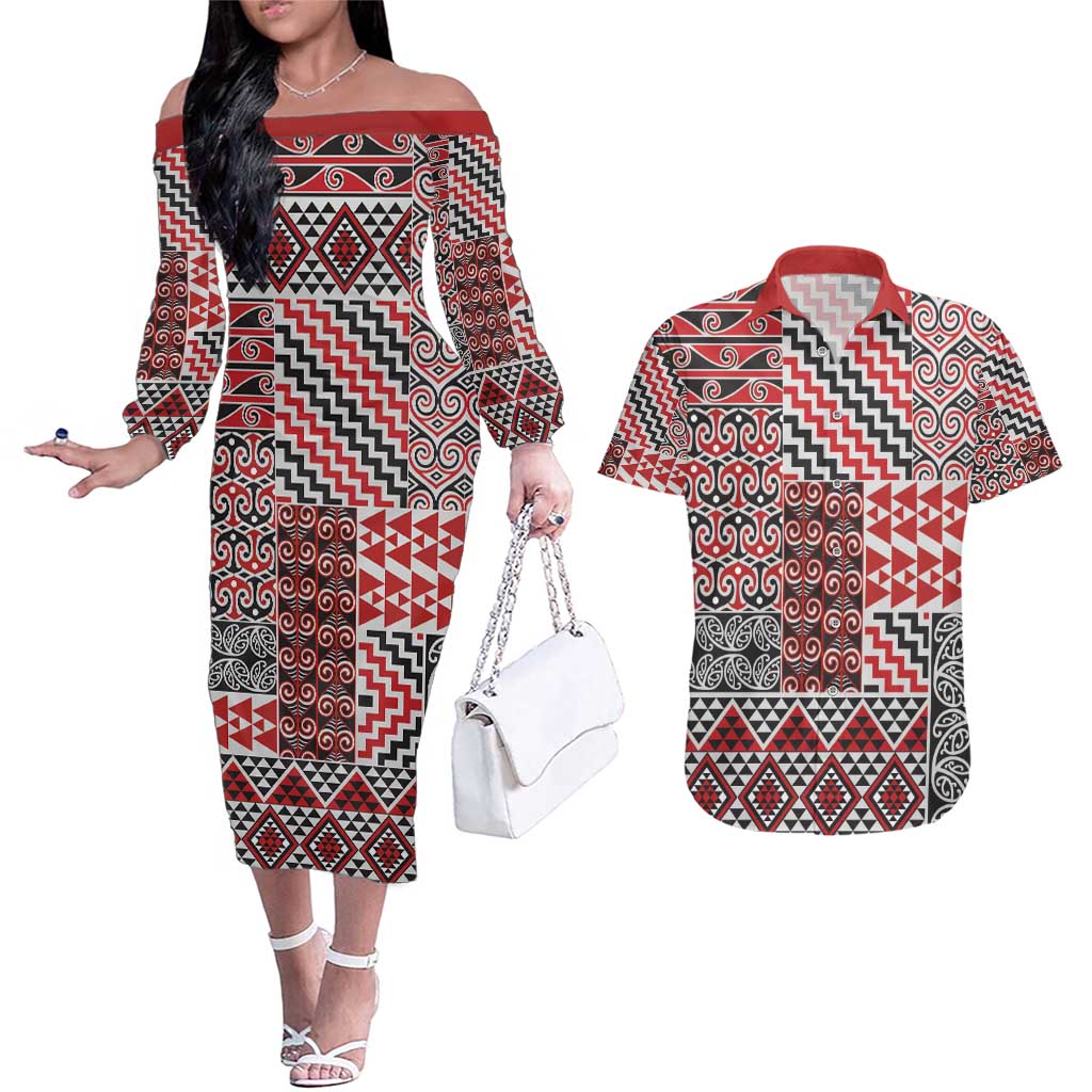 Aotearoa Kowhaiwhai Taniko Patchwork Motifs Couples Matching Off The Shoulder Long Sleeve Dress and Hawaiian Shirt LT9 Red - Polynesian Pride