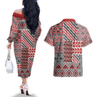 Aotearoa Kowhaiwhai Taniko Patchwork Motifs Couples Matching Off The Shoulder Long Sleeve Dress and Hawaiian Shirt LT9 - Polynesian Pride