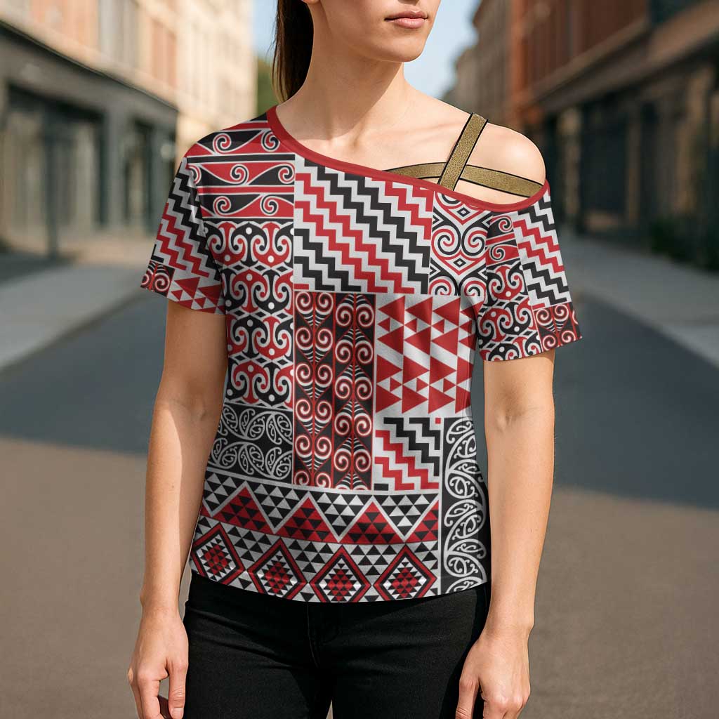 Aotearoa Kowhaiwhai Taniko Patchwork Motifs Cross Shoulder Shirt - Polynesian Pride