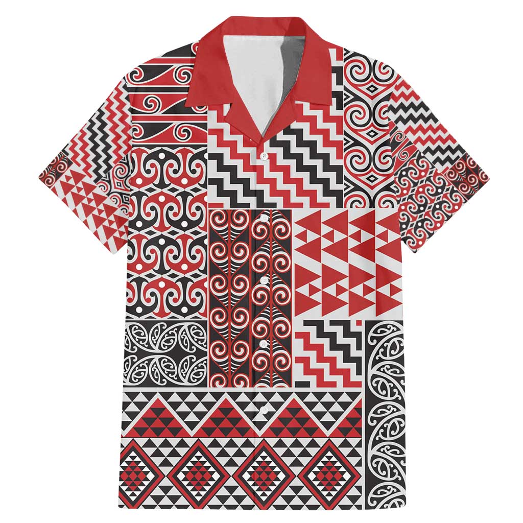 Aotearoa Kowhaiwhai Taniko Patchwork Motifs Family Matching Mermaid Dress and Hawaiian Shirt LT9 Dad's Shirt - Short Sleeve Red - Polynesian Pride