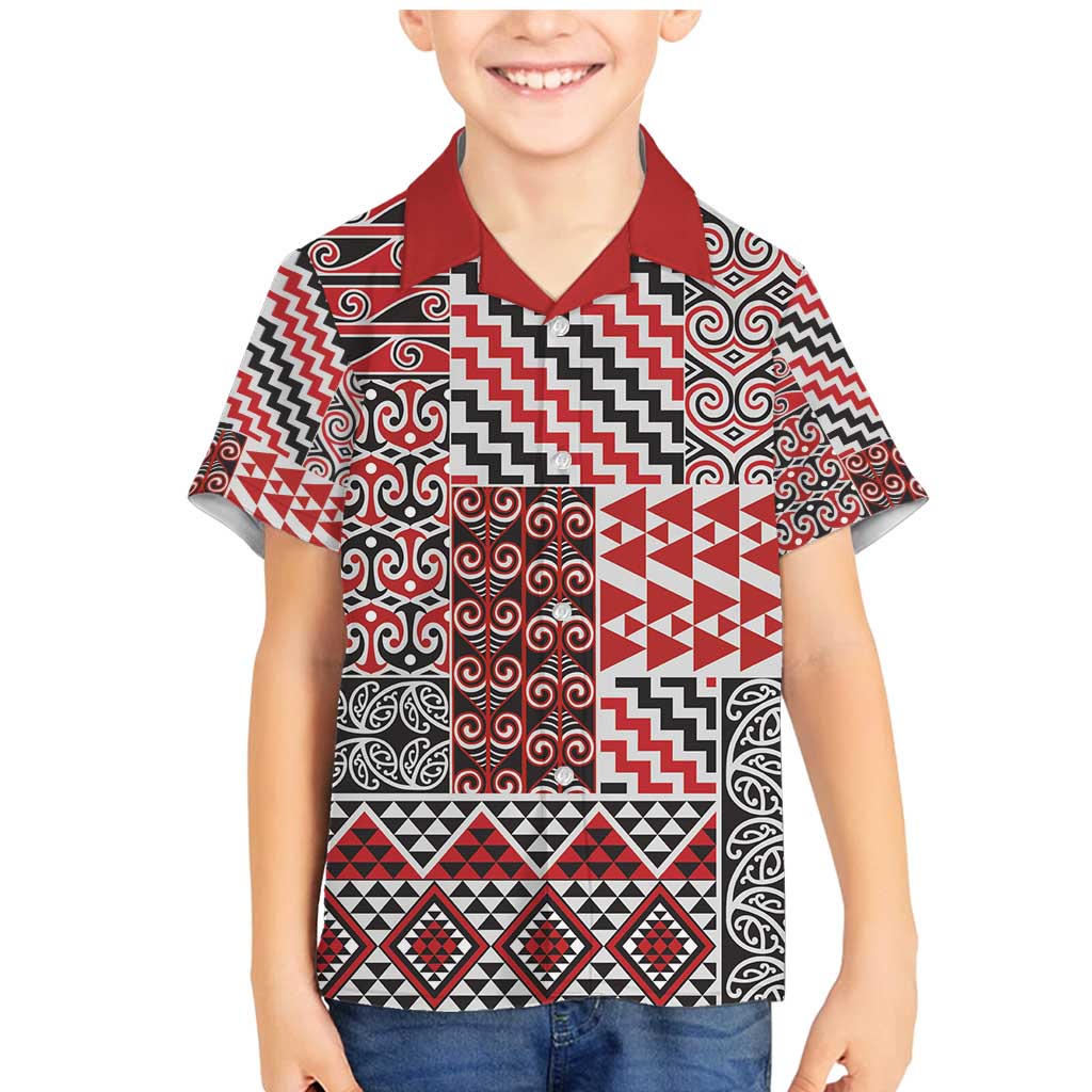 Aotearoa Kowhaiwhai Taniko Patchwork Motifs Family Matching Mermaid Dress and Hawaiian Shirt LT9 Son's Shirt Red - Polynesian Pride