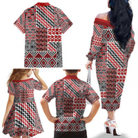 Aotearoa Kowhaiwhai Taniko Patchwork Motifs Family Matching Off The Shoulder Long Sleeve Dress and Hawaiian Shirt LT9 - Polynesian Pride