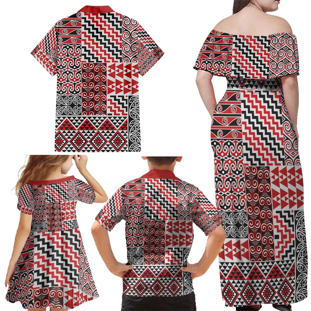 Aotearoa Kowhaiwhai Taniko Patchwork Motifs Family Matching Off Shoulder Maxi Dress and Hawaiian Shirt LT9 - Polynesian Pride