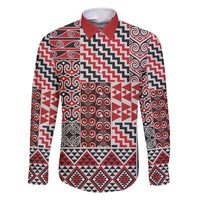 Aotearoa Kowhaiwhai Taniko Patchwork Motifs Family Matching Off Shoulder Maxi Dress and Hawaiian Shirt LT9 Dad's Shirt - Long Sleeve Red - Polynesian Pride