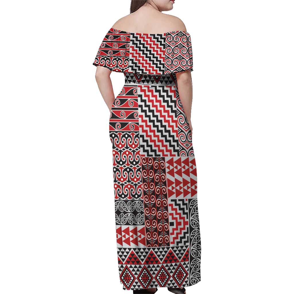 Aotearoa Kowhaiwhai Taniko Patchwork Motifs Family Matching Off Shoulder Maxi Dress and Hawaiian Shirt LT9 - Polynesian Pride
