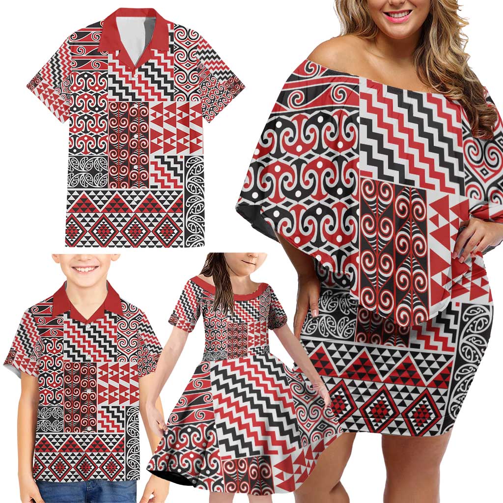 Aotearoa Kowhaiwhai Taniko Patchwork Motifs Family Matching Off Shoulder Short Dress and Hawaiian Shirt LT9 - Polynesian Pride