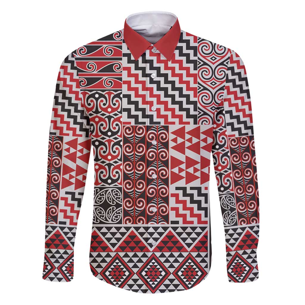 Aotearoa Kowhaiwhai Taniko Patchwork Motifs Family Matching Puletasi and Hawaiian Shirt LT9 Dad's Shirt - Long Sleeve Red - Polynesian Pride
