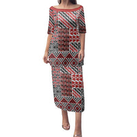 Aotearoa Kowhaiwhai Taniko Patchwork Motifs Family Matching Puletasi and Hawaiian Shirt LT9 Mom's Dress Red - Polynesian Pride