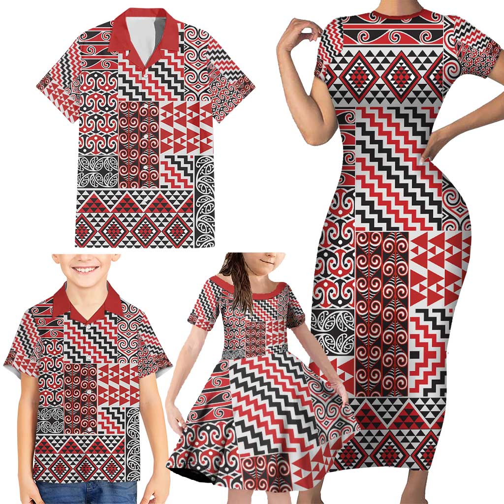 Aotearoa Kowhaiwhai Taniko Patchwork Motifs Family Matching Short Sleeve Bodycon Dress and Hawaiian Shirt LT9 - Polynesian Pride
