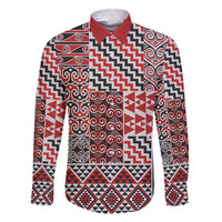 Aotearoa Kowhaiwhai Taniko Patchwork Motifs Family Matching Short Sleeve Bodycon Dress and Hawaiian Shirt LT9 Dad's Shirt - Long Sleeve Red - Polynesian Pride