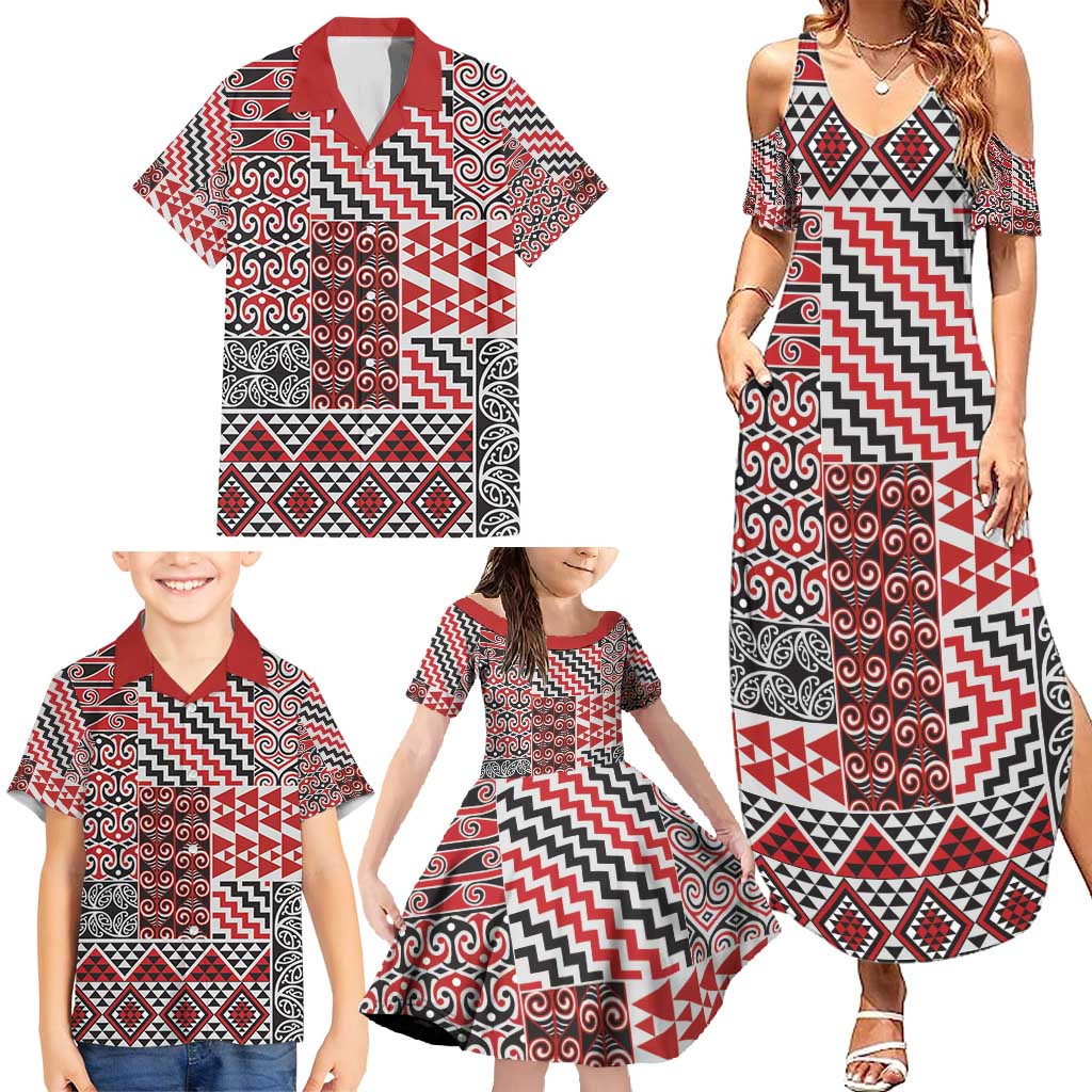 Aotearoa Kowhaiwhai Taniko Patchwork Motifs Family Matching Summer Maxi Dress and Hawaiian Shirt LT9 - Polynesian Pride