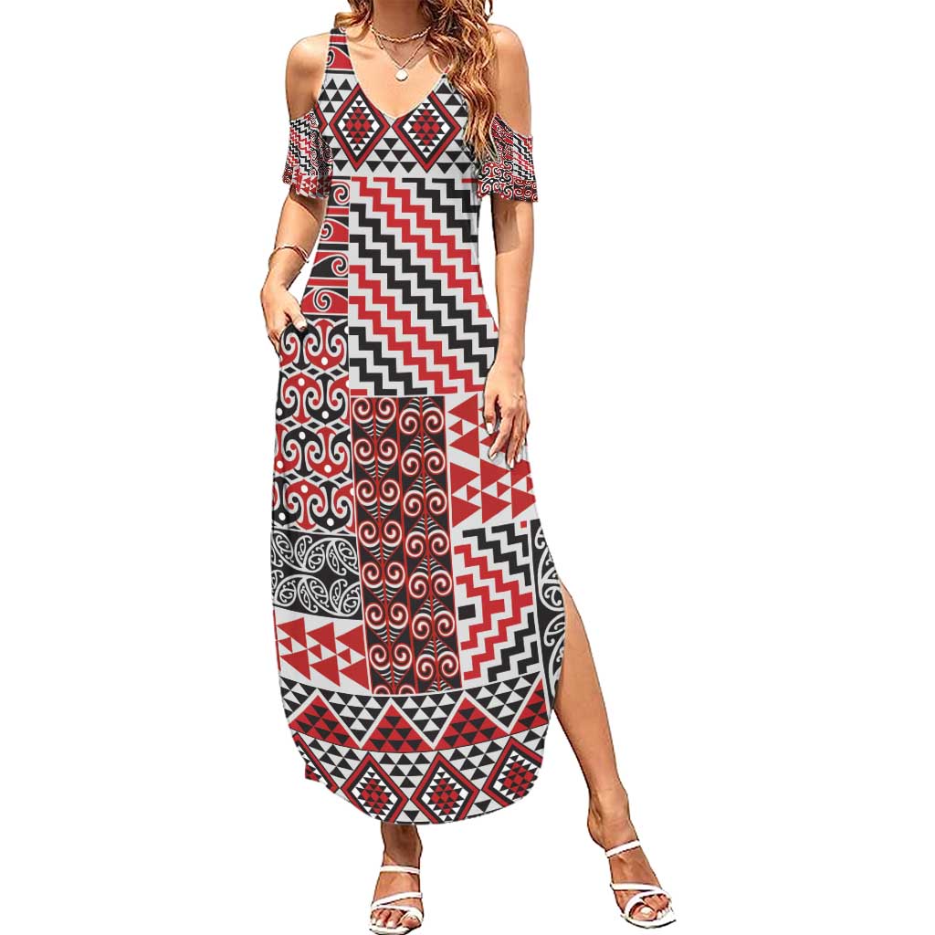 Aotearoa Kowhaiwhai Taniko Patchwork Motifs Family Matching Summer Maxi Dress and Hawaiian Shirt LT9 Mom's Dress Red - Polynesian Pride