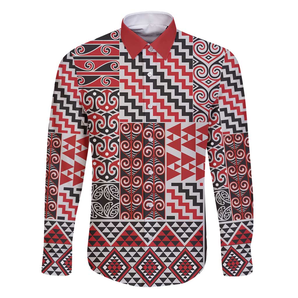 Aotearoa Kowhaiwhai Taniko Patchwork Motifs Family Matching Tank Maxi Dress and Hawaiian Shirt LT9 Dad's Shirt - Long Sleeve Red - Polynesian Pride