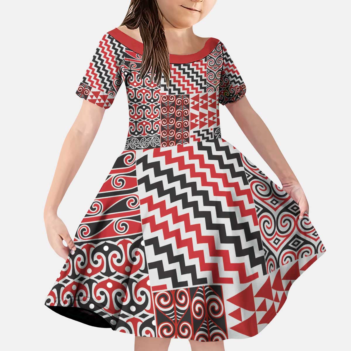 Aotearoa Kowhaiwhai Taniko Patchwork Motifs Kid Short Sleeve Dress LT9 KID Red - Polynesian Pride