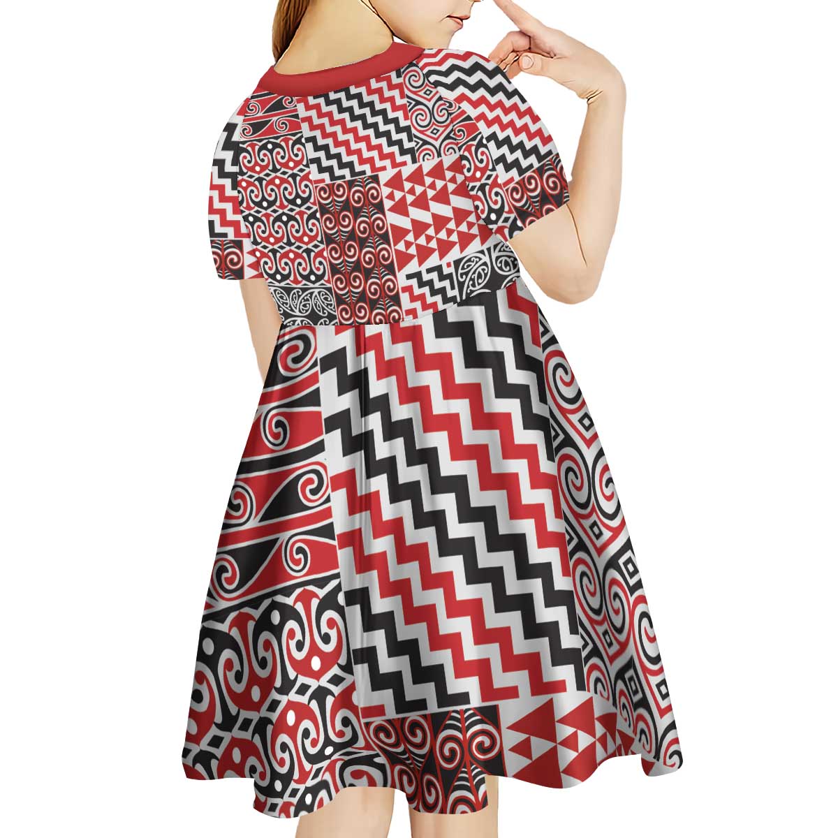 Aotearoa Kowhaiwhai Taniko Patchwork Motifs Kid Short Sleeve Dress LT9 - Polynesian Pride