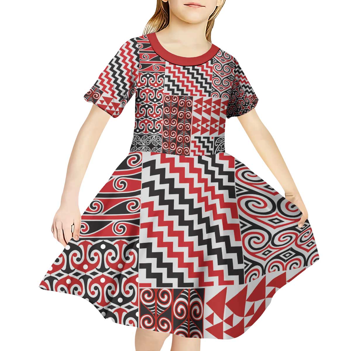 Aotearoa Kowhaiwhai Taniko Patchwork Motifs Kid Short Sleeve Dress LT9 - Polynesian Pride