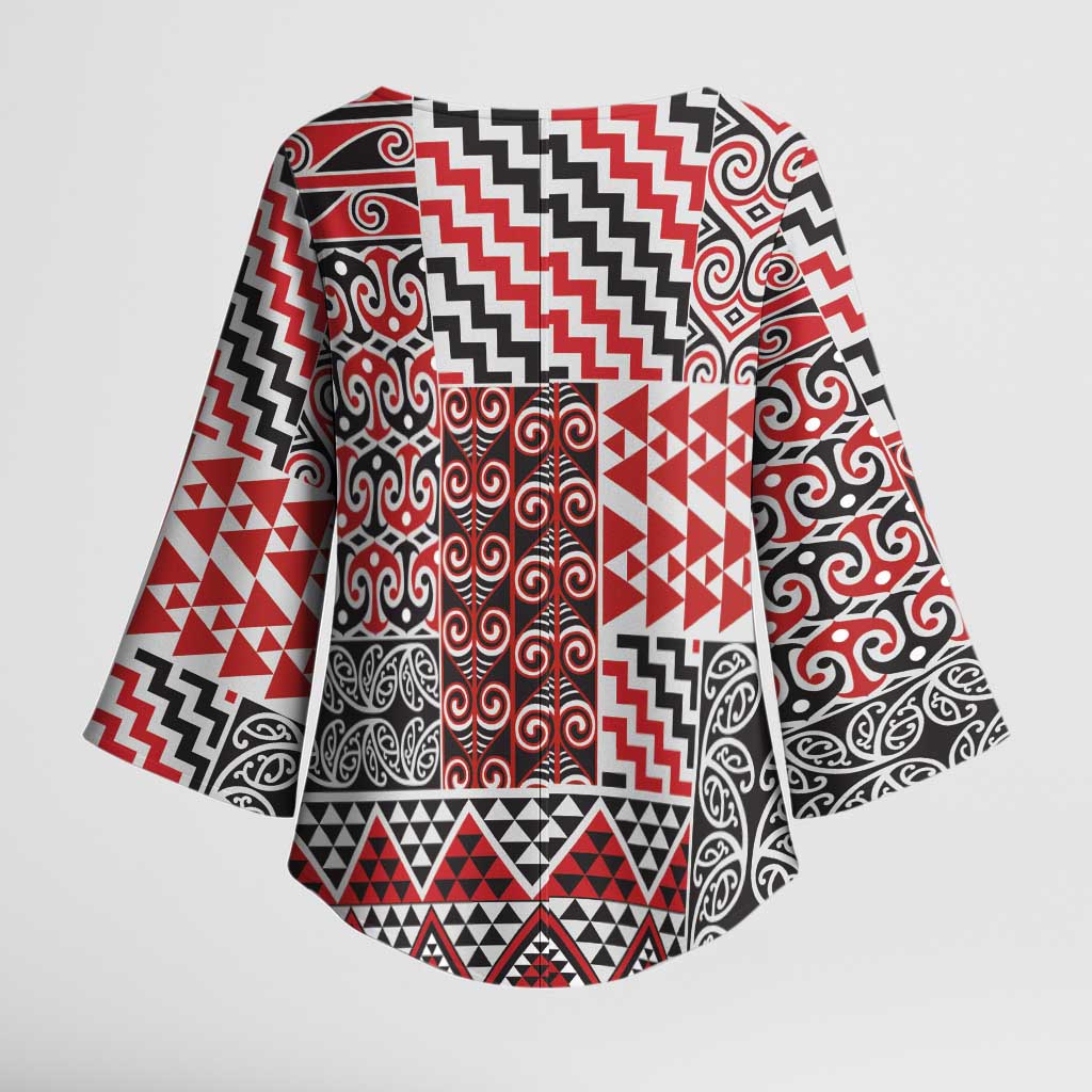 Aotearoa Kowhaiwhai Taniko Patchwork Motifs Kimono Sleeve Blouse - Polynesian Pride