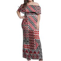Aotearoa Kowhaiwhai Taniko Patchwork Motifs Off Shoulder Maxi Dress LT9 Women Red - Polynesian Pride
