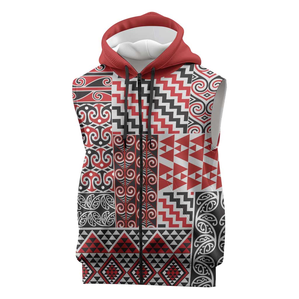 Aotearoa Kowhaiwhai Taniko Patchwork Motifs Sleeveless Zip Hoodie LT9 Red - Polynesian Pride