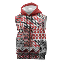 Aotearoa Kowhaiwhai Taniko Patchwork Motifs Sleeveless Zip Hoodie LT9 Red - Polynesian Pride