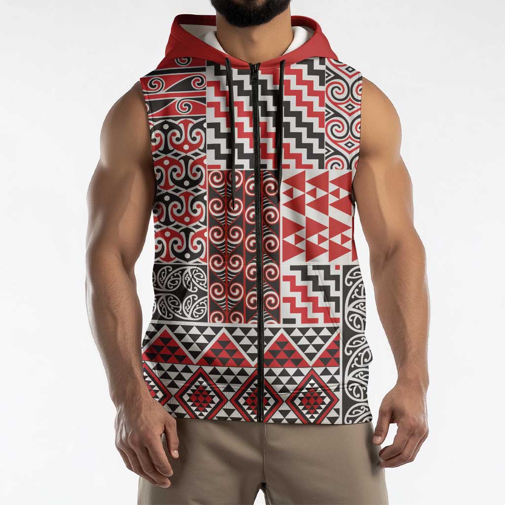 Aotearoa Kowhaiwhai Taniko Patchwork Motifs Sleeveless Zip Hoodie LT9 - Polynesian Pride