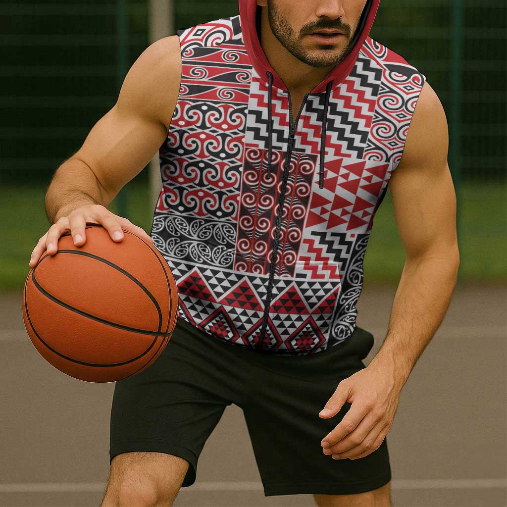 Aotearoa Kowhaiwhai Taniko Patchwork Motifs Sleeveless Zip Hoodie LT9 - Polynesian Pride