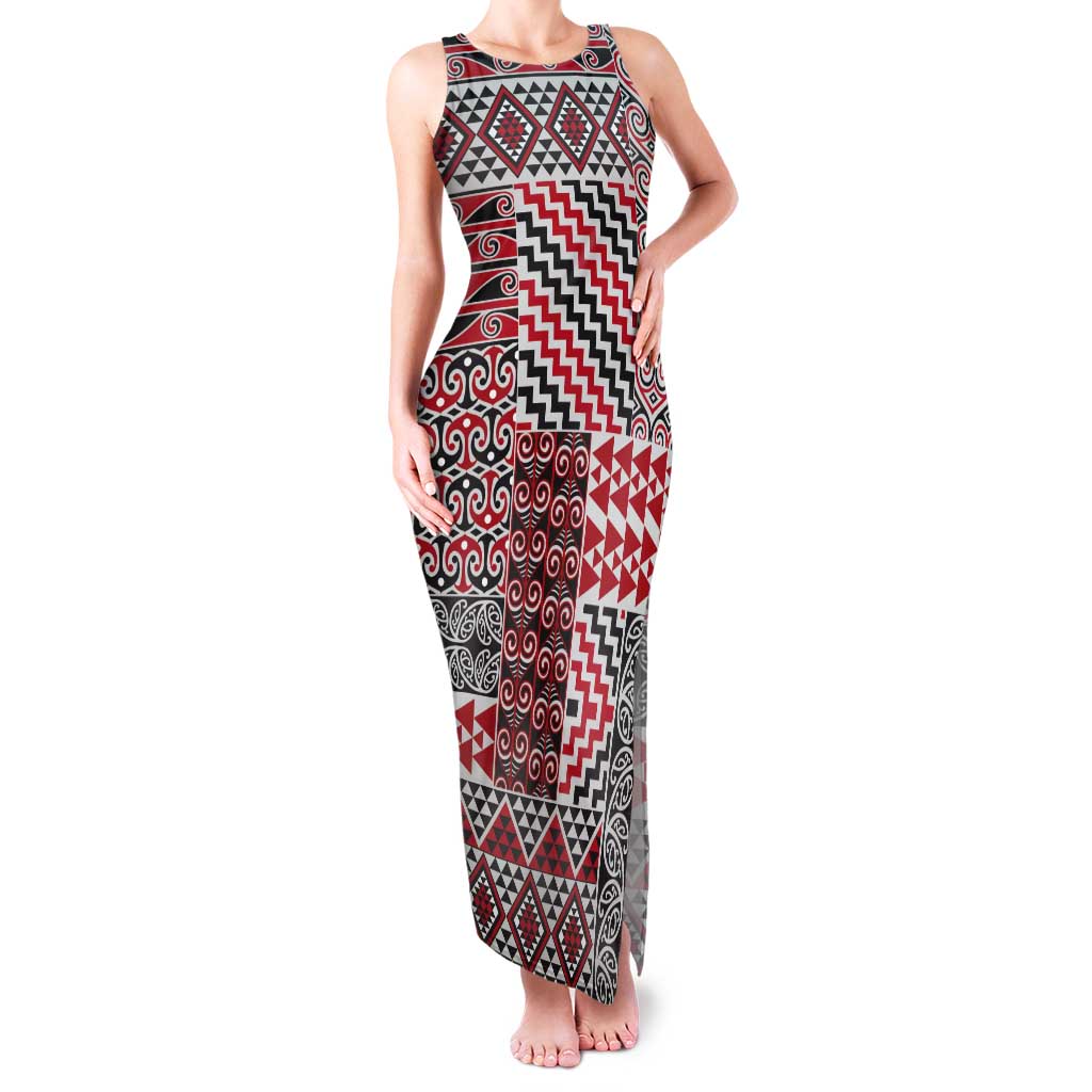 Aotearoa Kowhaiwhai Taniko Patchwork Motifs Tank Maxi Dress LT9 Women Red - Polynesian Pride