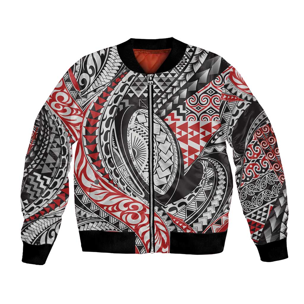 Aotearoa Maori Rugby Tribal Tattoo Bomber Jacket Kowhaiwhai Taniko Patchwork Motifs LT9 Unisex Red - Polynesian Pride