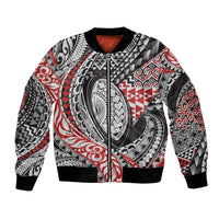 Aotearoa Maori Rugby Tribal Tattoo Bomber Jacket Kowhaiwhai Taniko Patchwork Motifs LT9 Unisex Red - Polynesian Pride