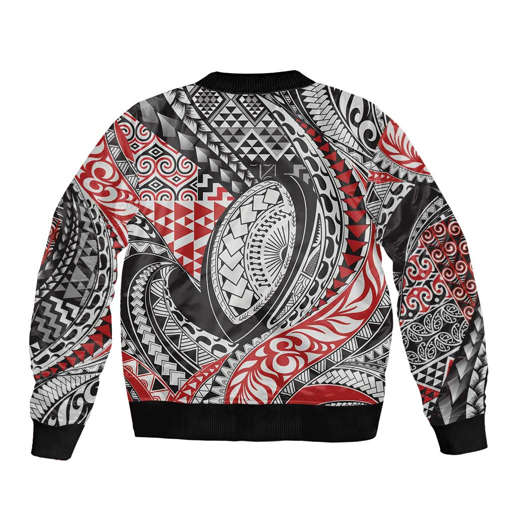Aotearoa Maori Rugby Tribal Tattoo Bomber Jacket Kowhaiwhai Taniko Patchwork Motifs LT9 - Polynesian Pride