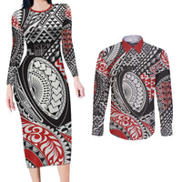 Aotearoa Maori Rugby Tribal Tattoo Couples Matching Long Sleeve Bodycon Dress and Long Sleeve Button Shirt Kowhaiwhai Taniko Patchwork Motifs LT9 Red - Polynesian Pride