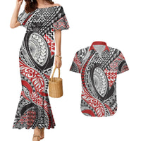 Aotearoa Maori Rugby Tribal Tattoo Couples Matching Mermaid Dress and Hawaiian Shirt Kowhaiwhai Taniko Patchwork Motifs LT9 Red - Polynesian Pride