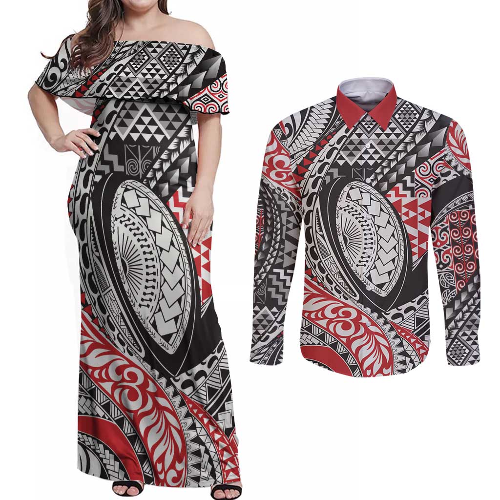 Aotearoa Maori Rugby Tribal Tattoo Couples Matching Off Shoulder Maxi Dress and Long Sleeve Button Shirt Kowhaiwhai Taniko Patchwork Motifs LT9 Red - Polynesian Pride