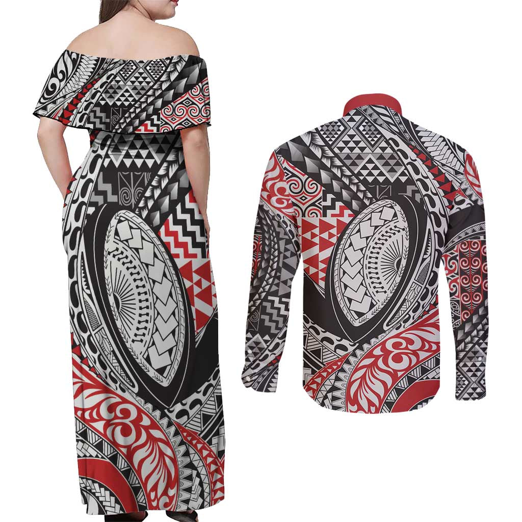 Aotearoa Maori Rugby Tribal Tattoo Couples Matching Off Shoulder Maxi Dress and Long Sleeve Button Shirt Kowhaiwhai Taniko Patchwork Motifs LT9 - Polynesian Pride