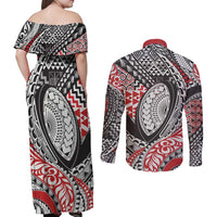 Aotearoa Maori Rugby Tribal Tattoo Couples Matching Off Shoulder Maxi Dress and Long Sleeve Button Shirt Kowhaiwhai Taniko Patchwork Motifs LT9 - Polynesian Pride