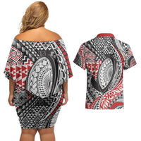 Aotearoa Maori Rugby Tribal Tattoo Couples Matching Off Shoulder Short Dress and Hawaiian Shirt Kowhaiwhai Taniko Patchwork Motifs LT9 - Polynesian Pride