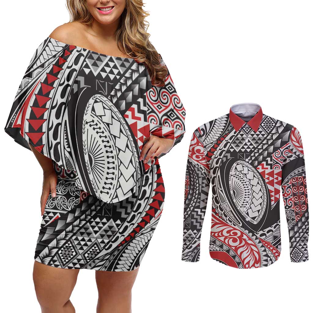 Aotearoa Maori Rugby Tribal Tattoo Couples Matching Off Shoulder Short Dress and Long Sleeve Button Shirt Kowhaiwhai Taniko Patchwork Motifs LT9 Red - Polynesian Pride