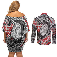 Aotearoa Maori Rugby Tribal Tattoo Couples Matching Off Shoulder Short Dress and Long Sleeve Button Shirt Kowhaiwhai Taniko Patchwork Motifs LT9 - Polynesian Pride