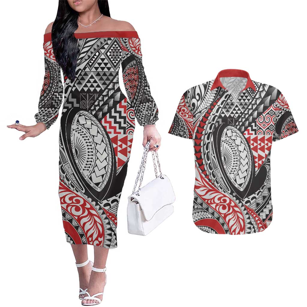 Aotearoa Maori Rugby Tribal Tattoo Couples Matching Off The Shoulder Long Sleeve Dress and Hawaiian Shirt Kowhaiwhai Taniko Patchwork Motifs LT9 Red - Polynesian Pride