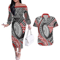 Aotearoa Maori Rugby Tribal Tattoo Couples Matching Off The Shoulder Long Sleeve Dress and Hawaiian Shirt Kowhaiwhai Taniko Patchwork Motifs LT9 Red - Polynesian Pride
