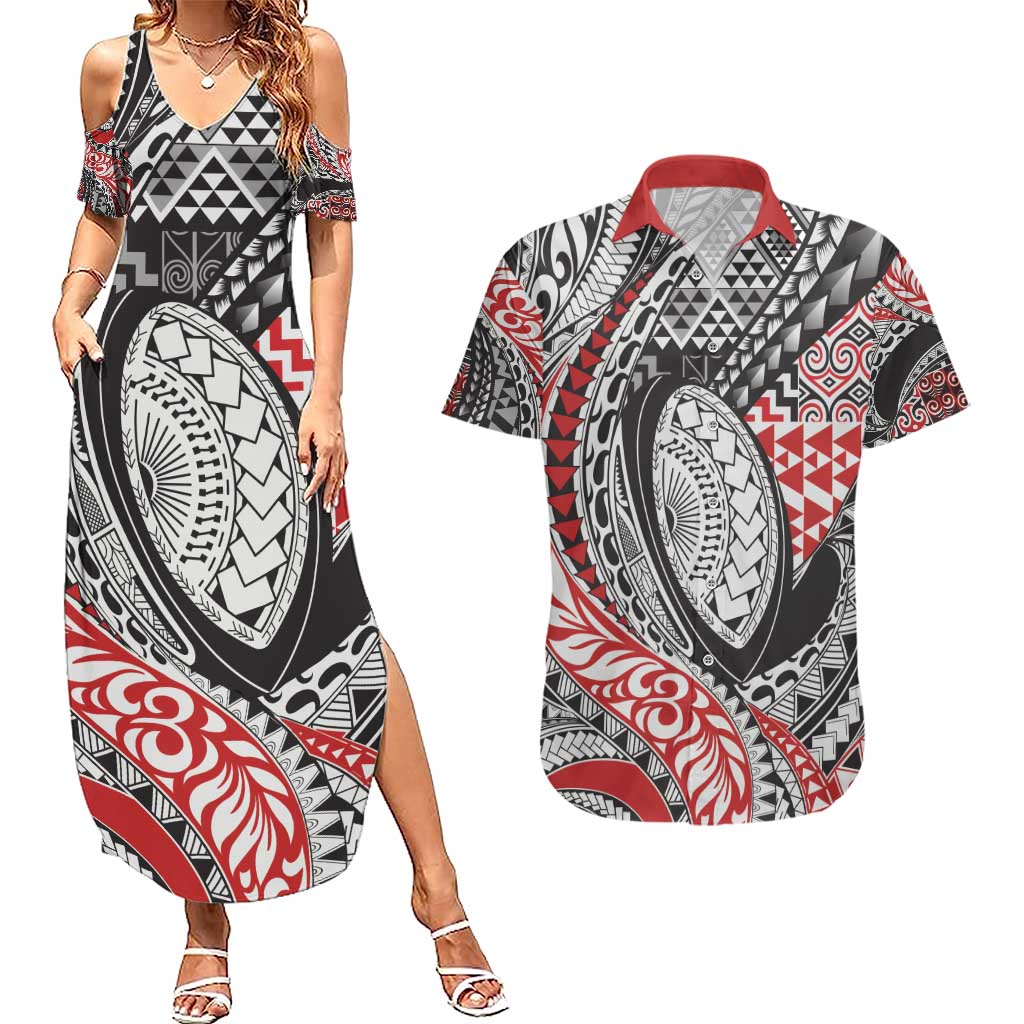 Aotearoa Maori Rugby Tribal Tattoo Couples Matching Summer Maxi Dress and Hawaiian Shirt Kowhaiwhai Taniko Patchwork Motifs LT9 Red - Polynesian Pride